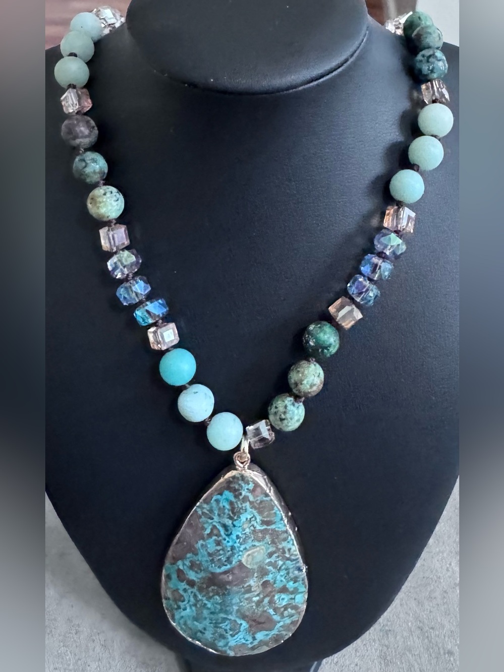 Handmade Bohemian Style Necklace With Teardrop Pendant, Sea Sediment Jasper